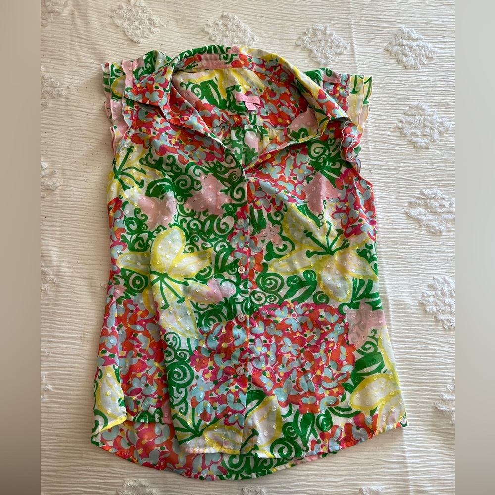 Lilly Pulitzer sheer button up cap sleeve shirt